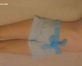 Cute girlfriend and her hidden sweet little pussy under short shorts. Pussy peeks out of the shorts